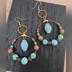 BrazenSoul Beachy Boho Turquoise & Wood Hoop Earrings